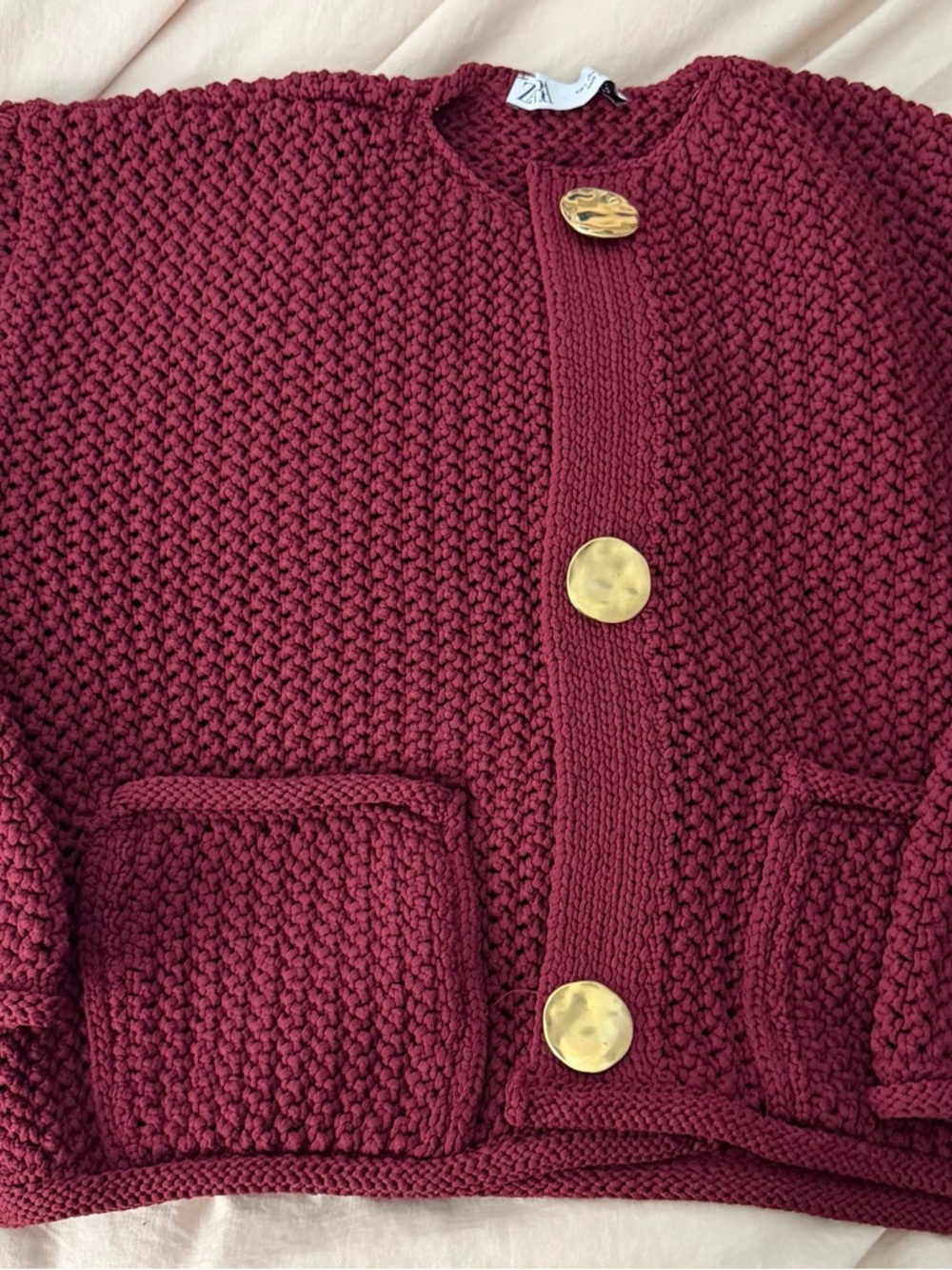 Zara Chunky Knit Button-Front Sweater Cardigan in Deep Burgundy